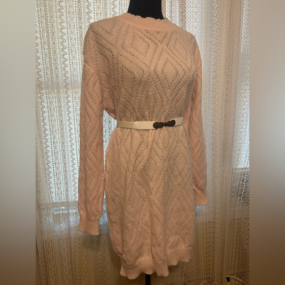 Pink Knit Sweater Dress with Belt